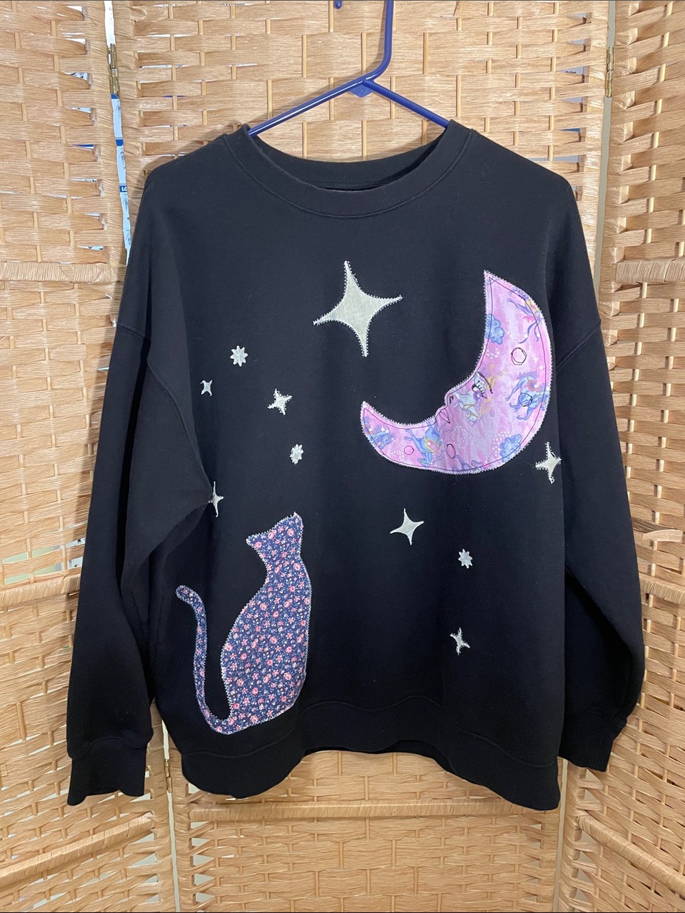 Handmade No Boundaries Black Crewneck Sweatshirt with Purple Moon & Floral Cat